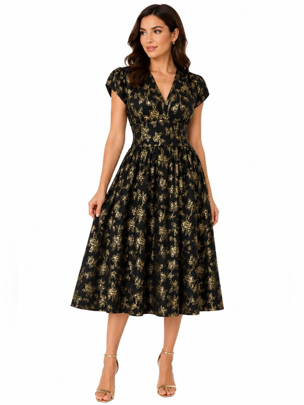 Elegant Black & Gold Floral Midi Dress